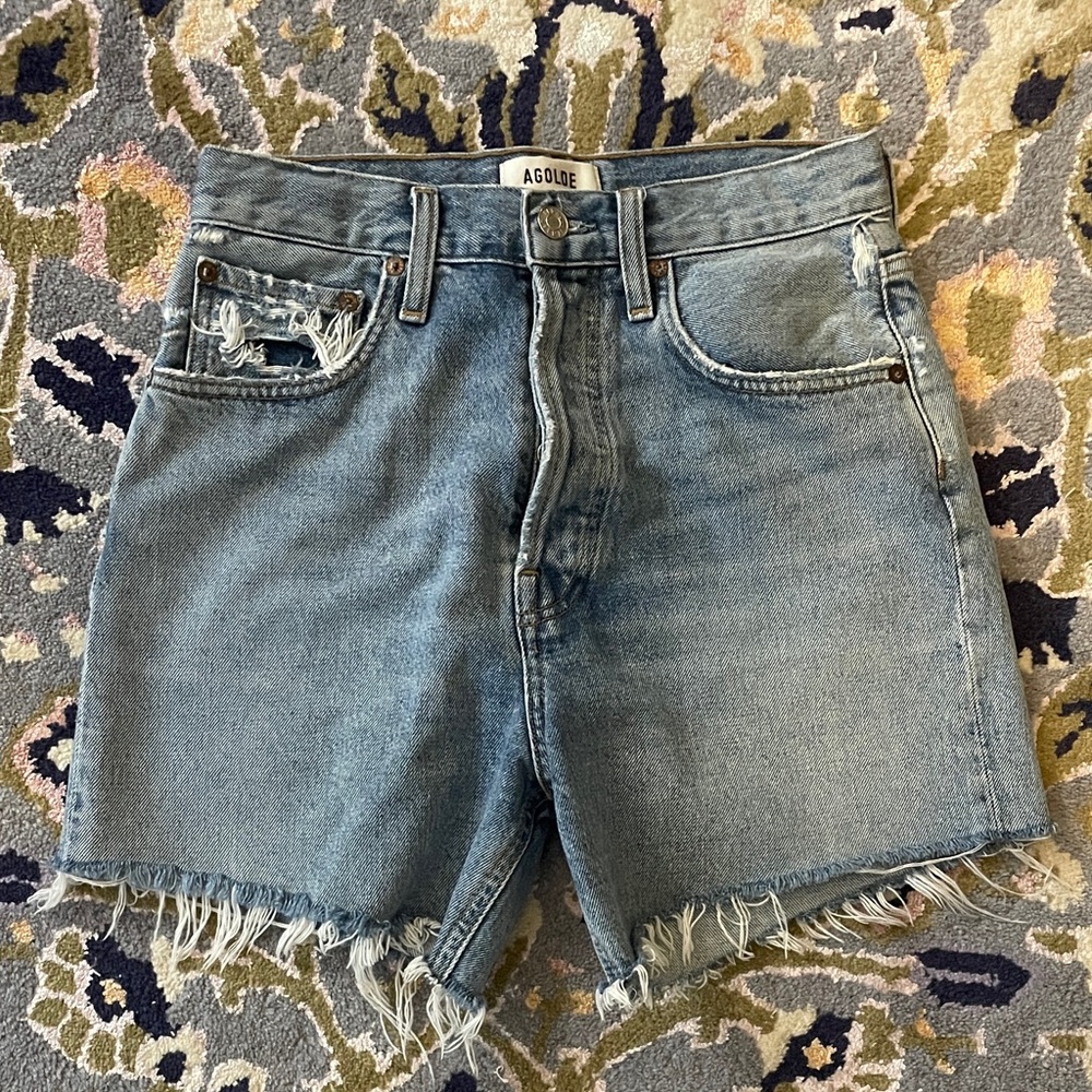 Agolde Frayed Hem Blue Jean Shorts